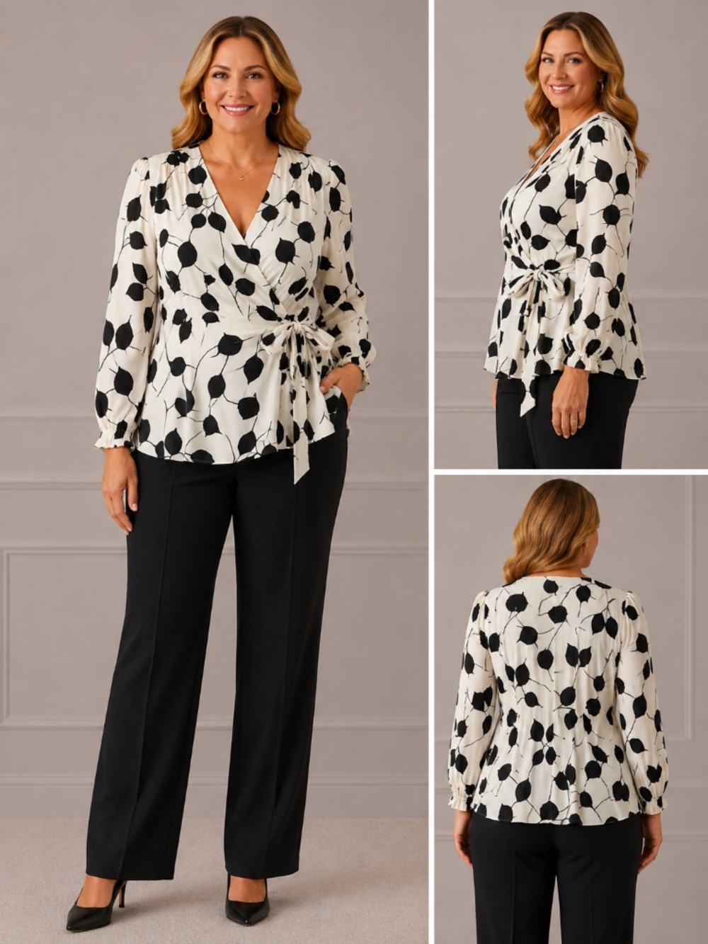 Talbots Plus 2X Black White Floral Leaf Print Wrap Blouse Tie Waist